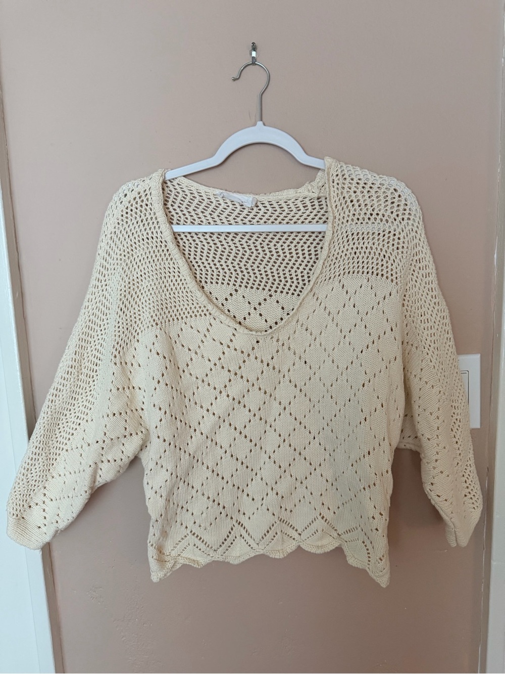 All in Favor Open-Knit V-Neck Pullover Sweater in Cream—100% cotton